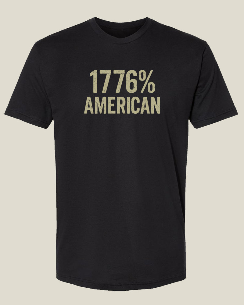 Black t-shirt with '1776% American' text in beige
