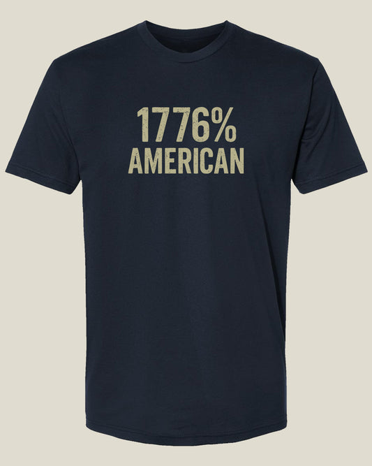 Navy blue t-shirt with beige '1776% American' text