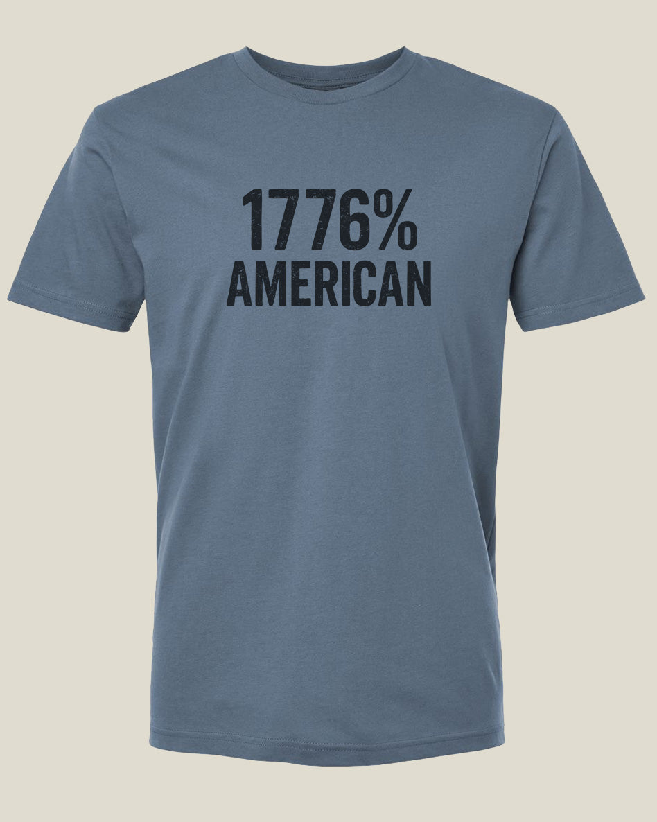 Steel blue t-shirt with black '1776% American' text
