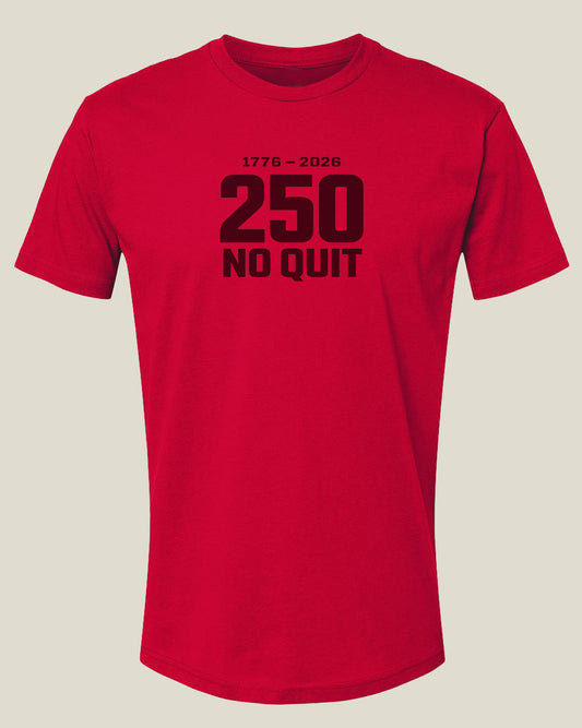 Red t-shirt with '1776-2026' and '250 No Quit' text for America's 250th anniversary