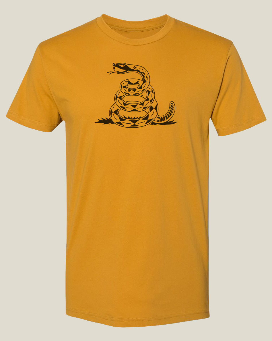 Desert brass yellow t-shirt with a black coiled rattlesnake design from the Gadsden flag