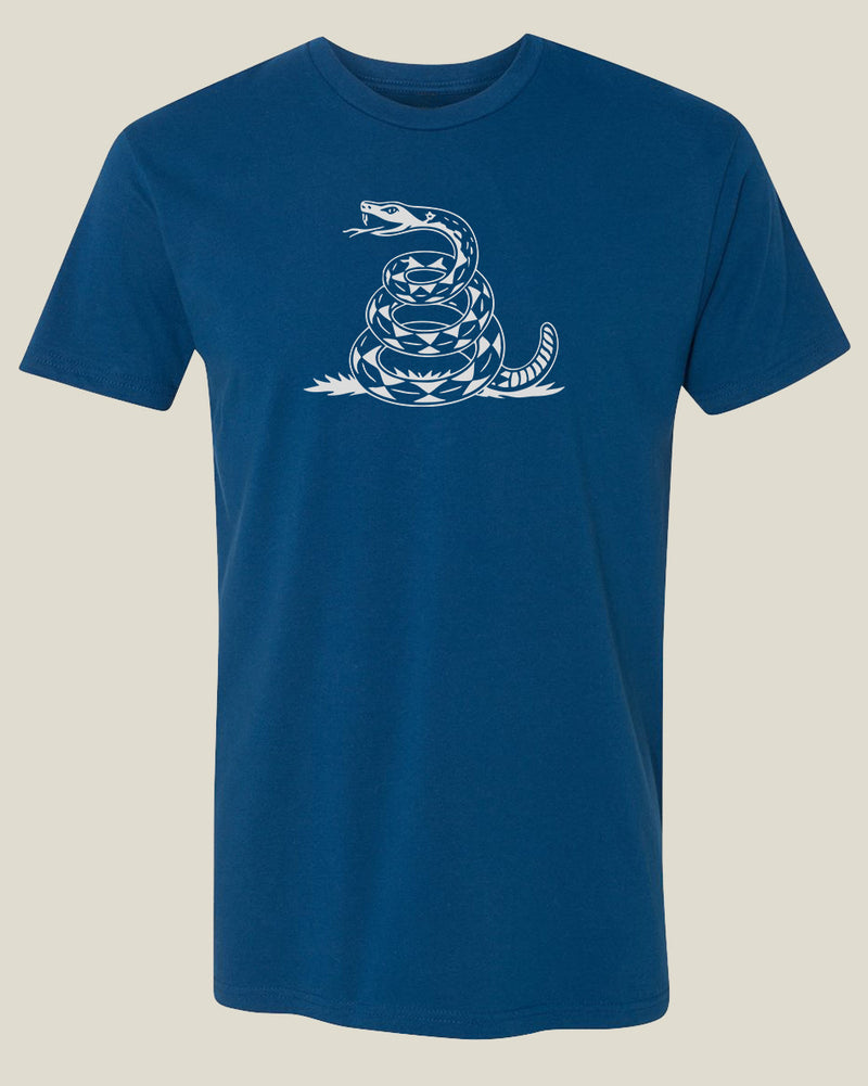 Patriot blue t-shirt with a white coiled rattlesnake graphic from the Gadsden flag