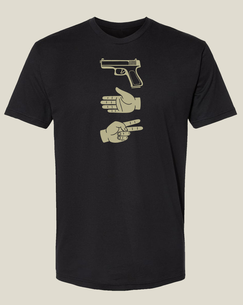 Black t-shirt with glock gun and hand icons depicting 'Glock, Paper, Scissors'