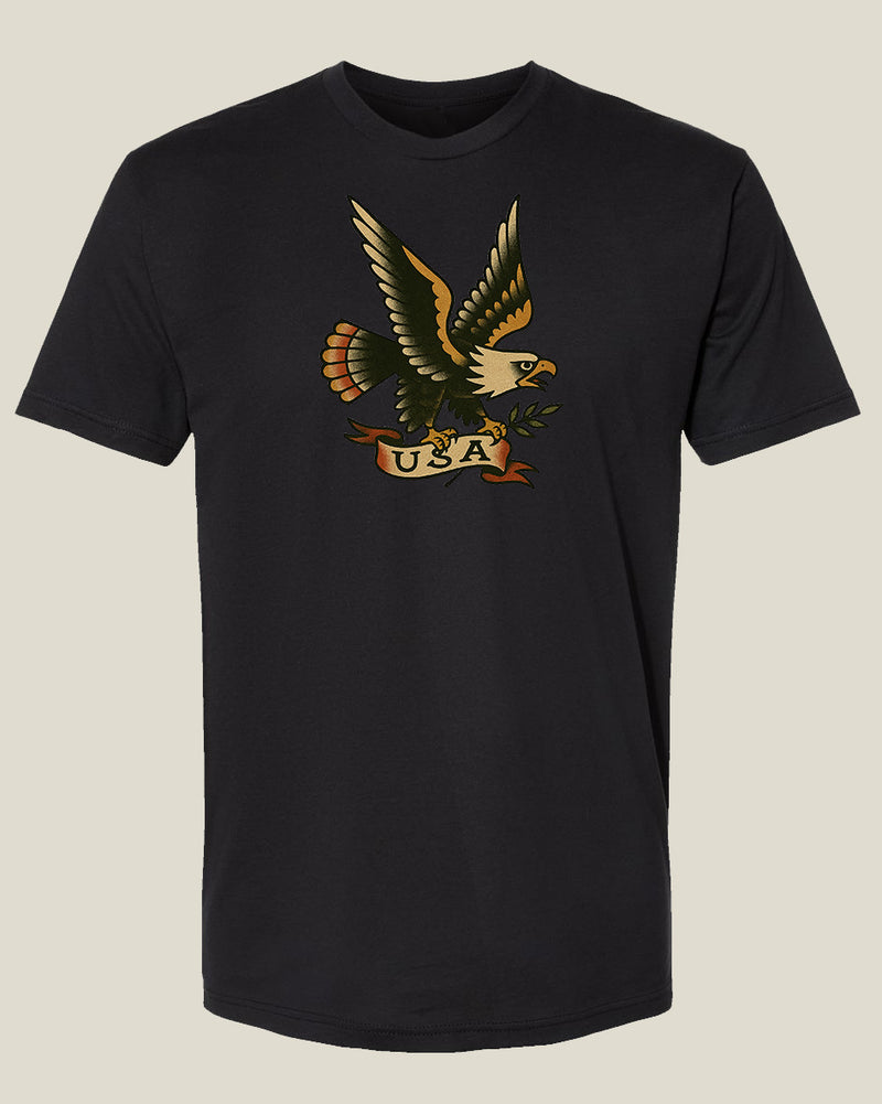 Black t-shirt with a Silor Jerry tattoo-style eagle and 'USA' banner in it talons