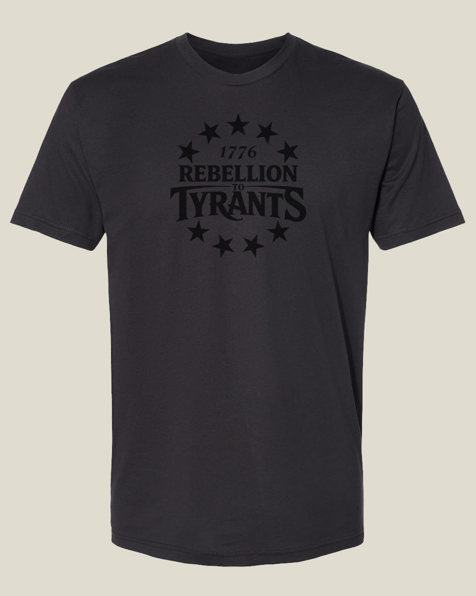 Graphite black cotton t-shirt with '1776 Rebellion to Tyrants' text and 13 star design