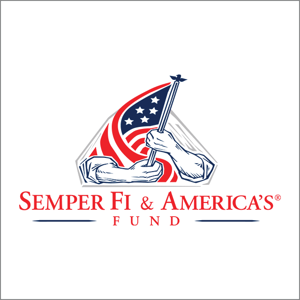 Logo of Semper Fi & America's Fund with a hand holding an American flag on a white background.