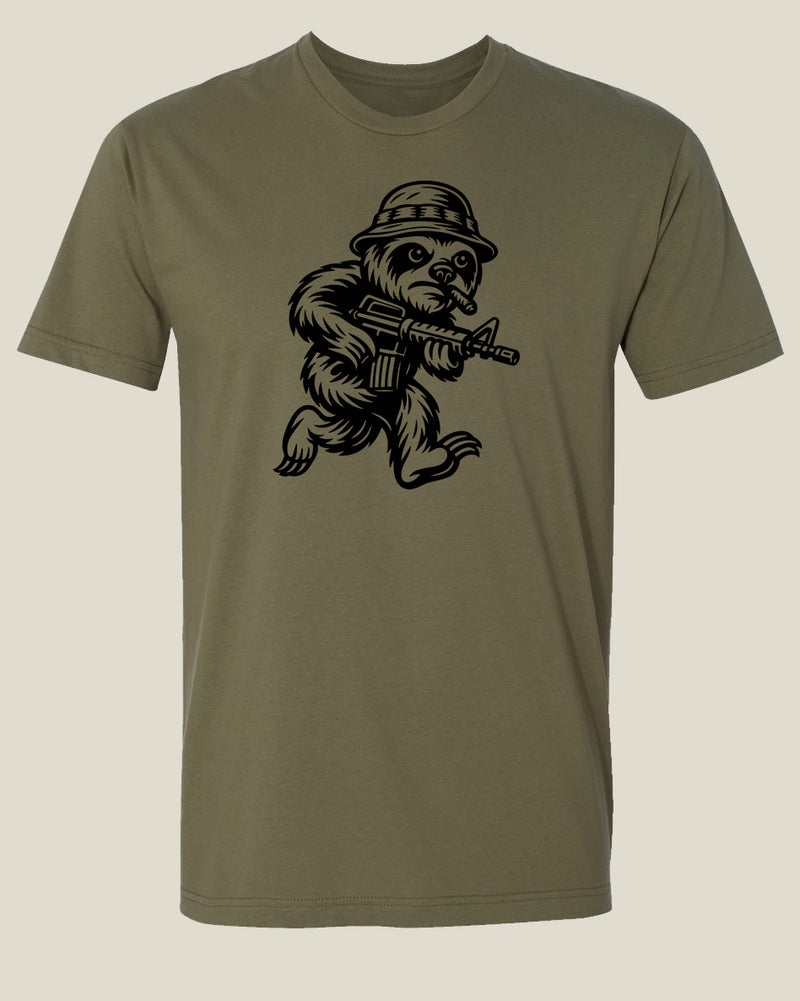 Olive drab t-shirt with a black graphic of a sloth with cigar in his mouth, wearing a boonie cover and carrying an M4 carbine