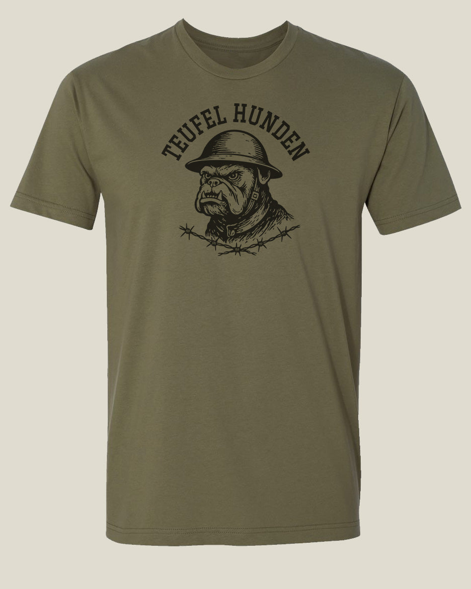 Olive drab t-shirt with a graphic design of an English Bulldog wearing a helmet and barbed wire underneath, with 'Teufel Hunden' text