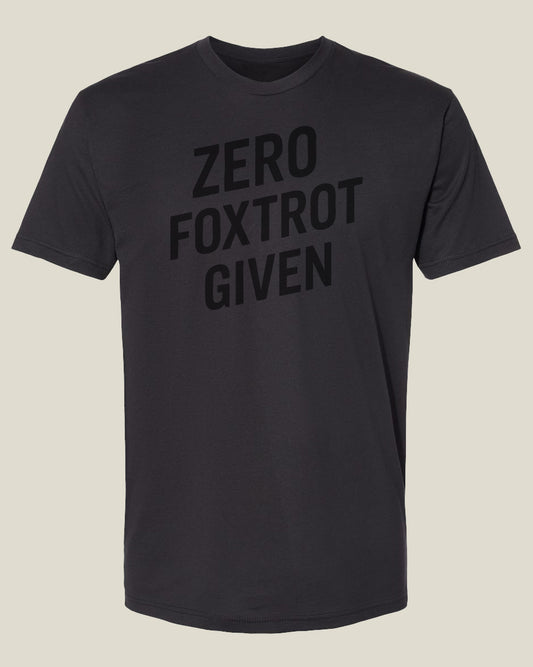 Graphite black t-shirt with 'ZERO FOXTROT GIVEN' text