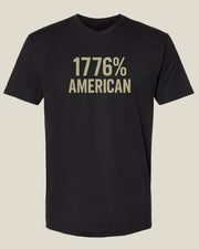 Black t-shirt with '1776% American' text in beige