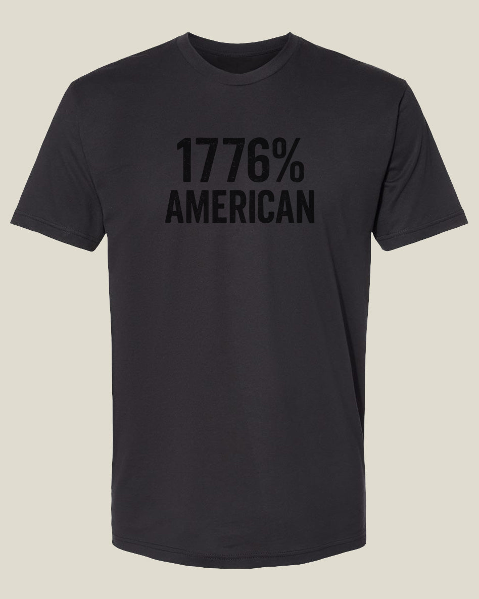 Graphite black t-shirt with black '1776% American' text