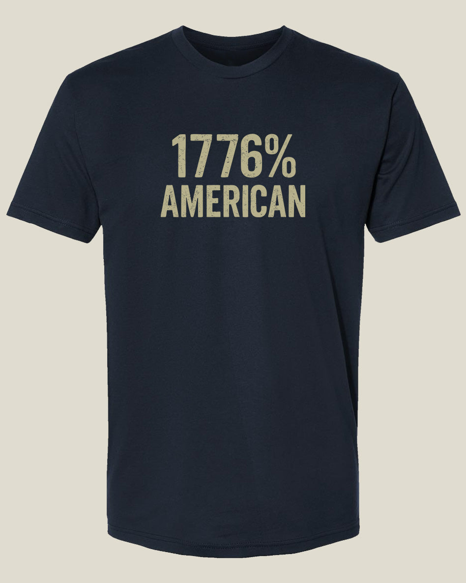 Navy blue t-shirt with beige '1776% American' text