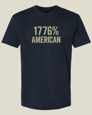 Navy blue t-shirt with beige '1776% American' text