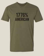 Olive drab t-shirt with black '1776% American' text