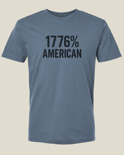 Steel blue t-shirt with black '1776% American' text