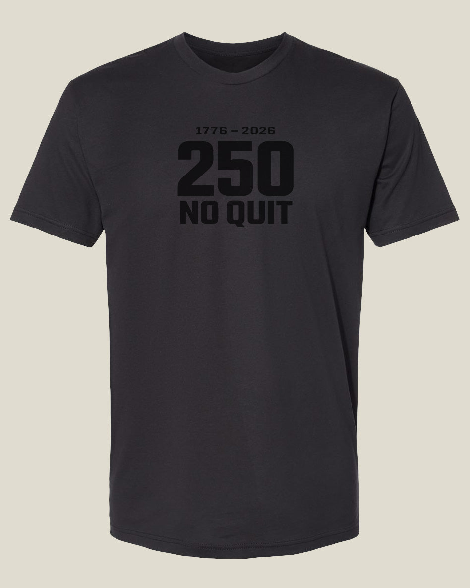 Graphite black t-shirt with '1776-2026' and '250 No Quit' text for America's 250th anniversary