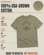 A ranger green t-shirt with a dark green circular iron sight graphic reading 'CLASSICALLY TRAINED' is displayed on a beige background with informational text and icons about the fabric's softness, breathability, durability, and made with 100% USA-grown cotton.