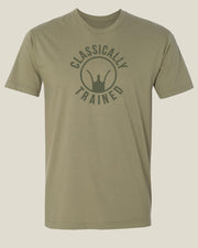 Ranger green t-shirt with 'Classically Trained' logo and iron sight graphic