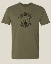 Olive drab t-shirt with 'Classically Trained' text and iron sights graphic