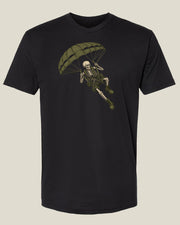 Black Dead Drop T-Shirt with a skeleton paratrooper descending beneath an olive canopy.