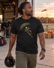 Man wearing the black Dead Drop T-Shirt in a realistic military Halloween lifestyle scene.