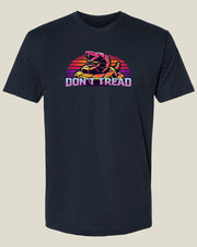 Navy t-shirt with colorful coiled rattlesnake graphic and 'Don't Tread' text