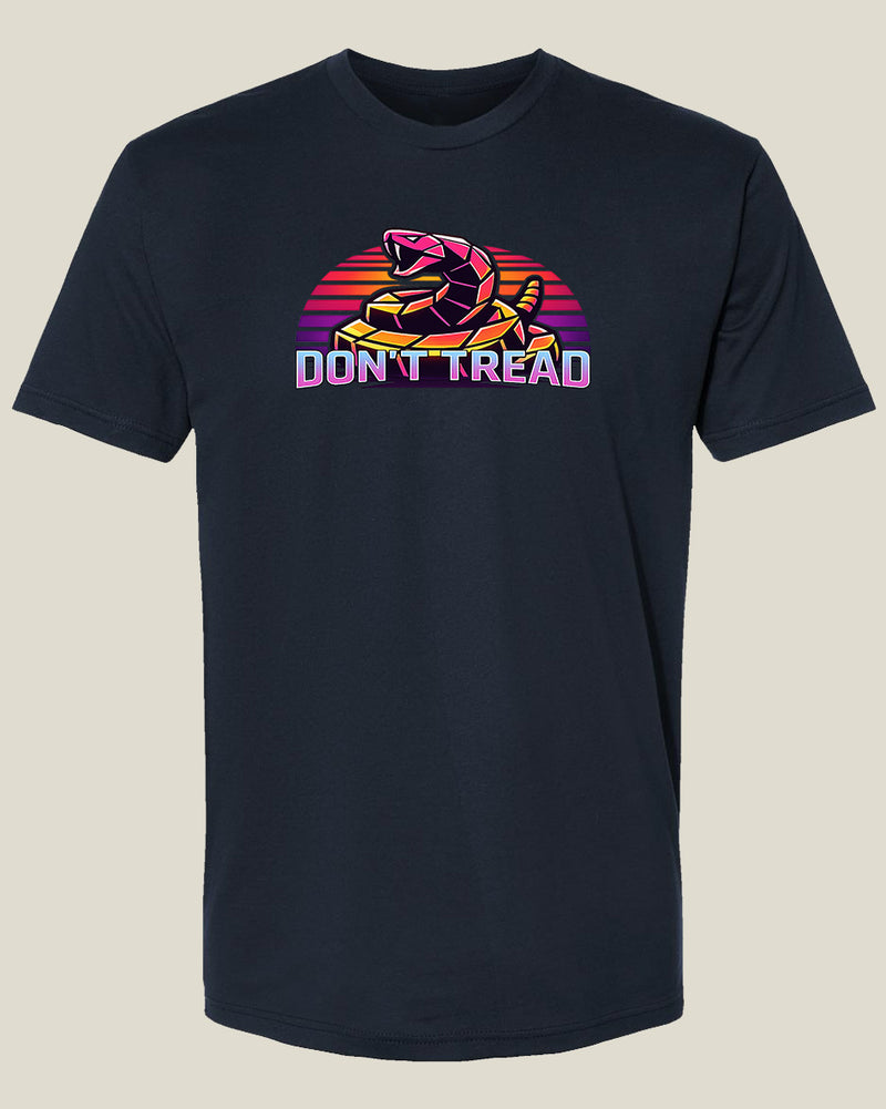 Navy t-shirt with colorful coiled rattlesnake graphic and 'Don't Tread' text