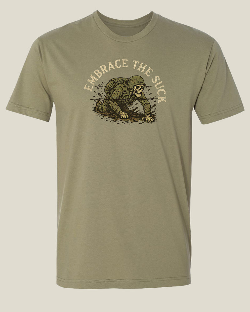 Ranger green t-shirt with graphic design of skeleton in uniform crawling under barbed wire through the mud with text 'Embrace the Suck'