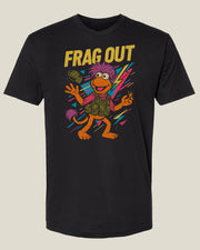 Black t-shirt with a colorful retro graphic of a Fraggle Rock-inspired character wearing an LBV and tossing a grenade with 'FRAG OUT' text