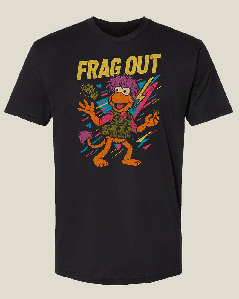 Black t-shirt with a colorful retro graphic of a Fraggle Rock-inspired character wearing an LBV and tossing a grenade with 'FRAG OUT' text