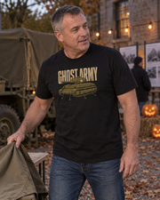 Man wearing the black Ghost Army T-Shirt in a realistic outdoor Halloween lifestyle scene.