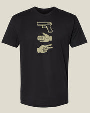 Black t-shirt with glock gun and hand icons depicting 'Glock, Paper, Scissors'