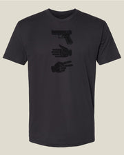 Graphite black t-shirt with glock gun and hand icons depicting 'Glock, Paper, Scissors'