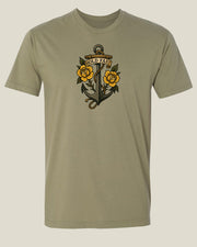 Ranger green t-shirt with a Sailor Jerry style anchor and roses design with 'Hold Fast' on a banner