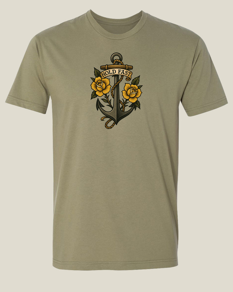Ranger green t-shirt with a Sailor Jerry style anchor and roses design with 'Hold Fast' on a banner