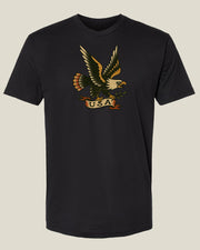 Black t-shirt with a Silor Jerry tattoo-style eagle and 'USA' banner in it talons