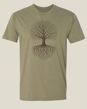 Ranger green t-shirt with a bare brand tree design with the word 'Patriot' hidden in the roots