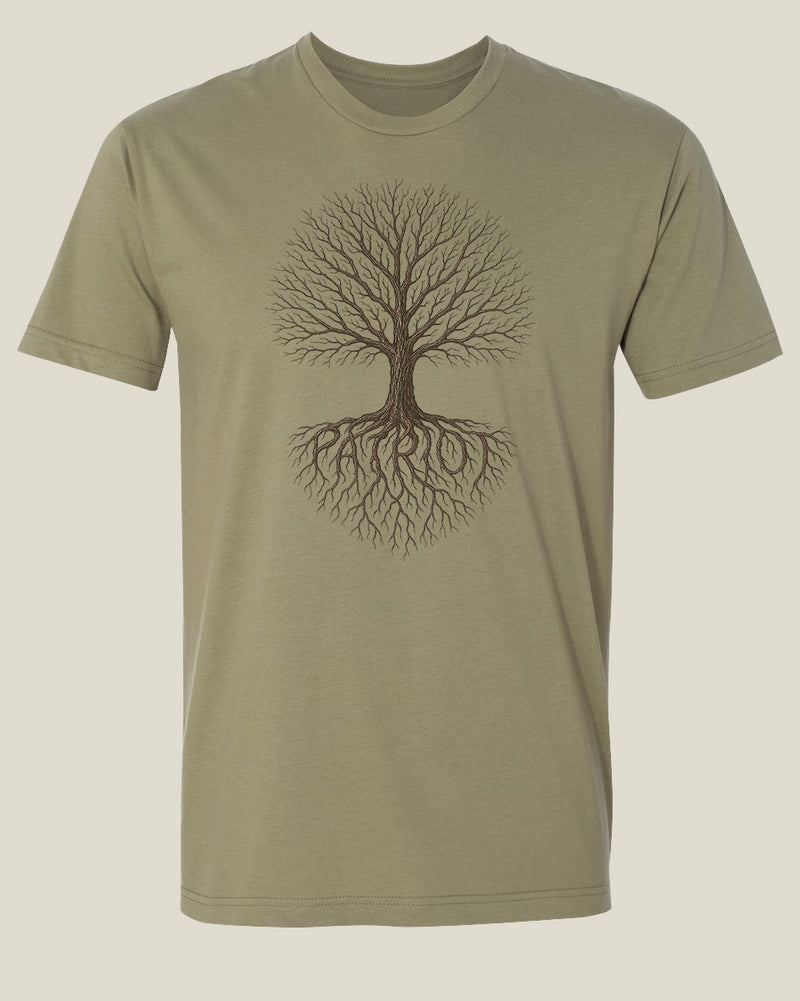 Ranger green t-shirt with a bare brand tree design with the word 'Patriot' hidden in the roots