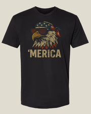 Black t-shirt with a retro graphic of an eagle head with stars and stripes bandana and sunglasses with 'MERICA text