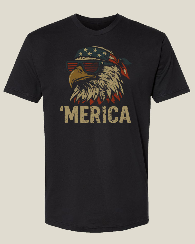 Black t-shirt with a retro graphic of an eagle head with stars and stripes bandana and sunglasses with 'MERICA text