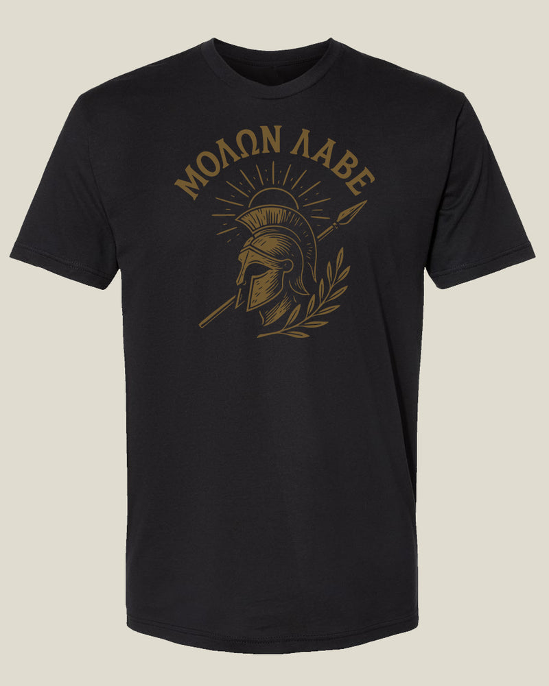 Black t-shirt with gold Spartan helmet graphic and 'Molon Labe' Greek text