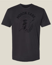 Graphite black t-shirt with Spartan helmet graphic and 'Molon Labe' Greek text