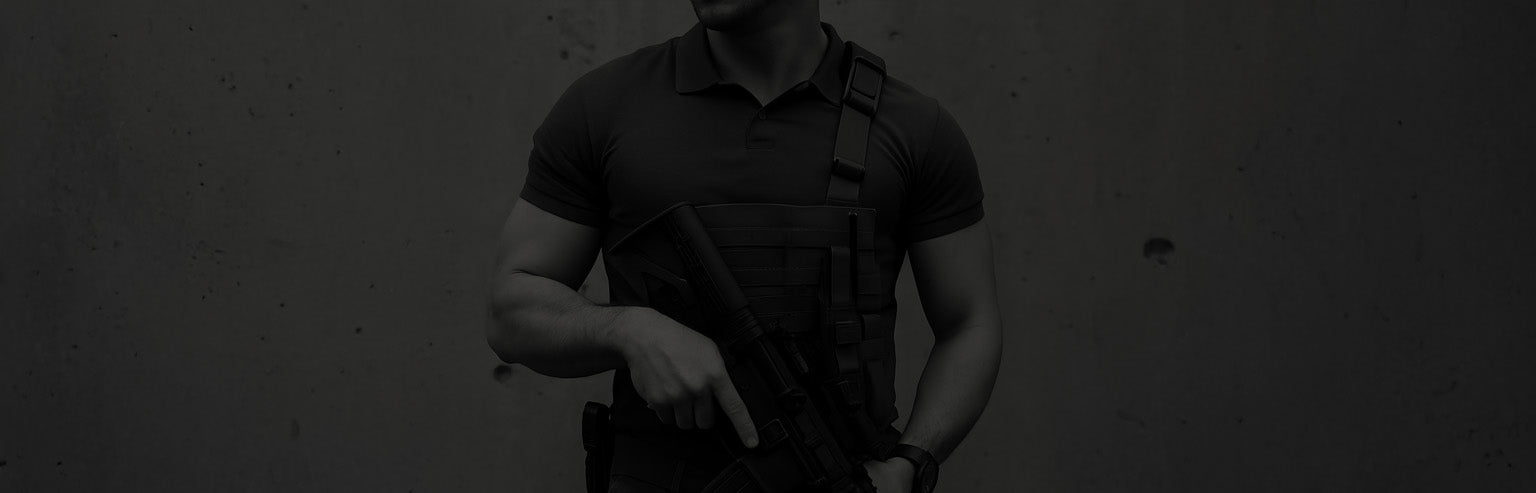 Person holding a rifle against a plain background