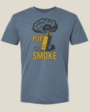 Steel blue t-shirt with a graphic of a smoke canister and 'Pop Smoke' text