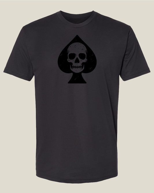 Graphite black t-shirt with a skull and spade symbol