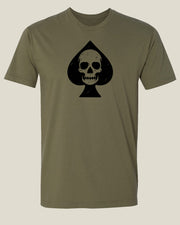 Olive drab t-shirt with a skull and spade symbol