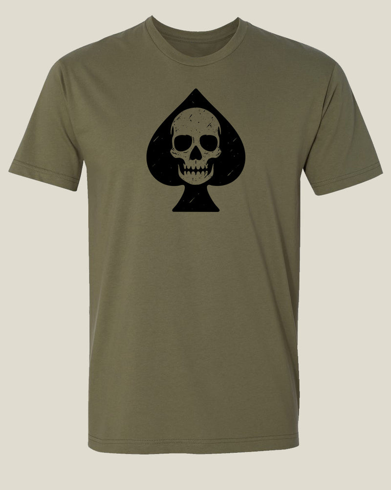 Olive drab t-shirt with a skull and spade symbol