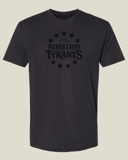 Graphite black cotton t-shirt with '1776 Rebellion to Tyrants' text and 13 star design 