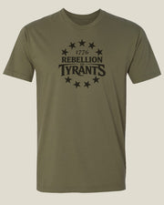 Olive drab cotton t-shirt with '1776 Rebellion to Tyrants' text and 13 star flag design