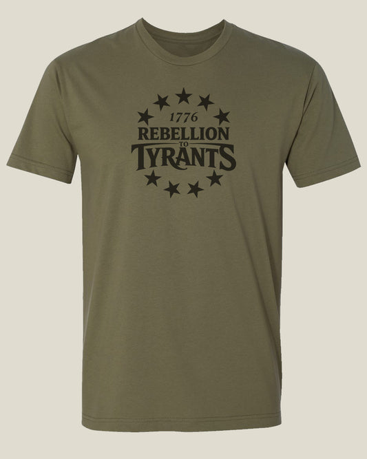 Olive drab cotton t-shirt with '1776 Rebellion to Tyrants' text and 13 star flag design